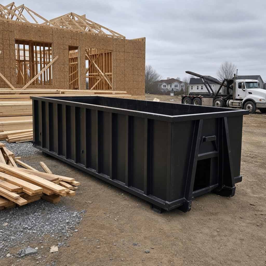 Matte-black 40-yard roll-off dumpster staged on a framed-out residential construction site in Weston, framing lumber stacked nearby, hooklift delivery truck visible in the background under bright Colorado daylight