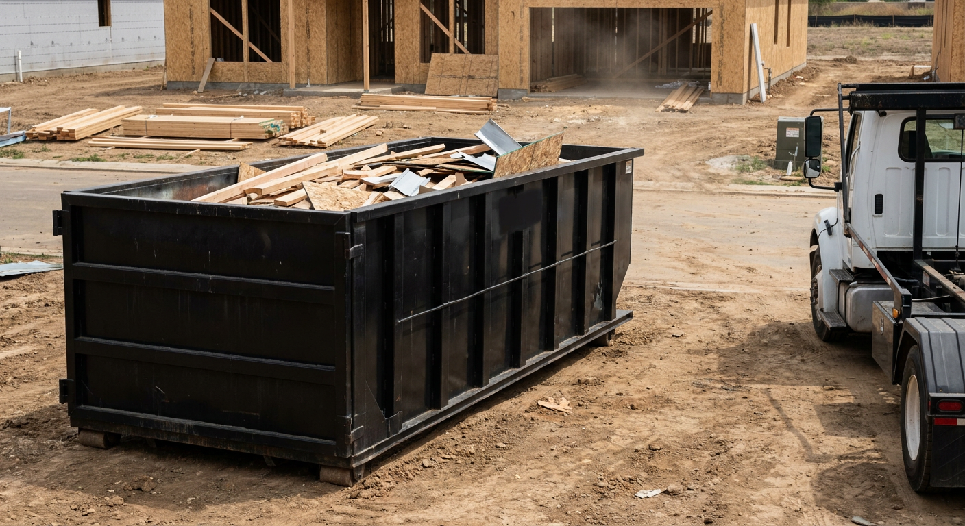 Matte-black 20-yard roll-off construction dumpster with heavy ribbed steel sidewalls and swing rear doors at a working jobsite in Weston, sitting directly on compacted dirt with an unmarked white hauler partially visible at the far edge of the frame.