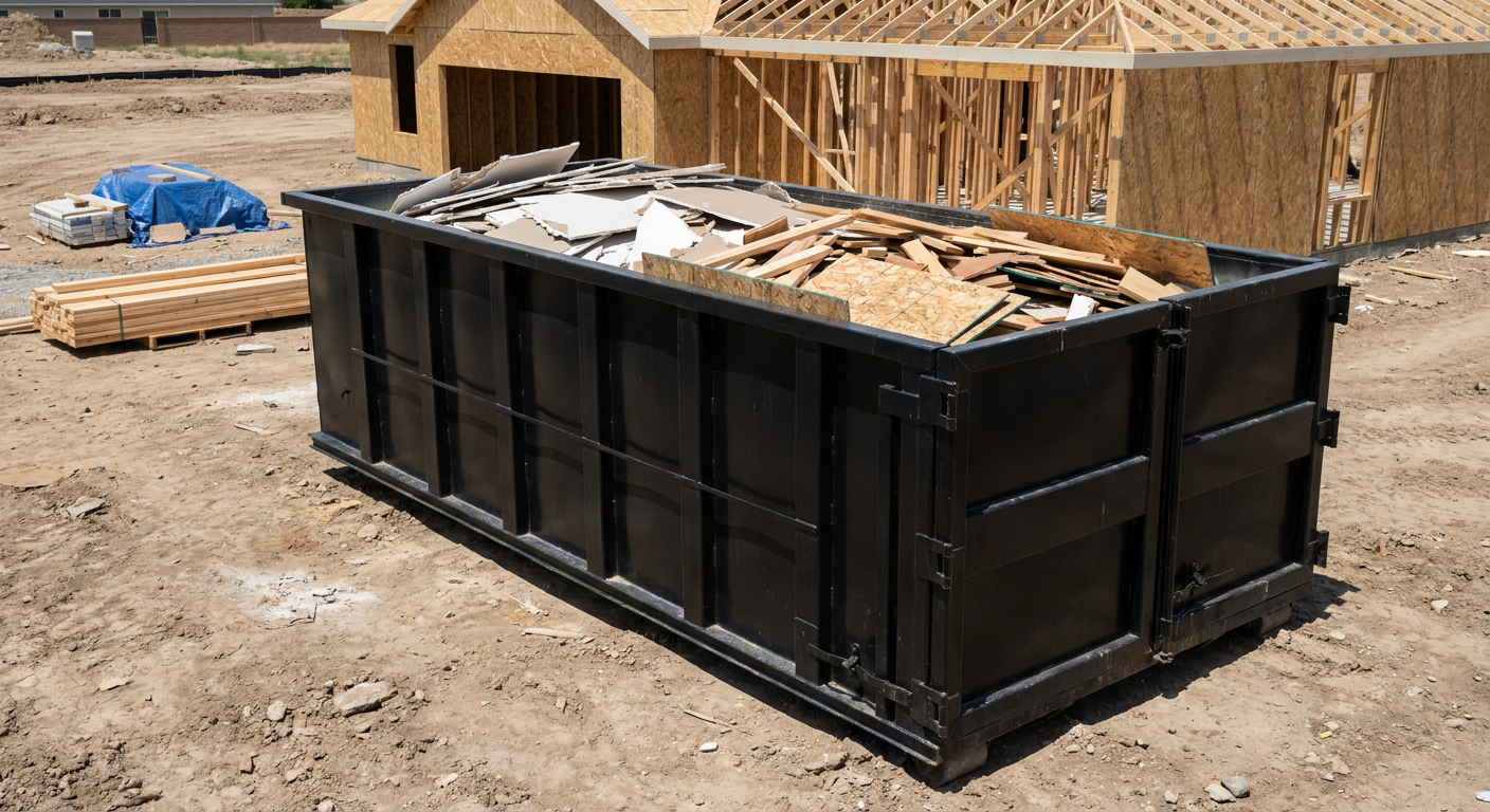 Matte-black 30-yard roll-off construction dumpster sitting directly on the compacted-dirt site of a framed single-family home build in Weston, drywall and lumber scrap loaded inside.