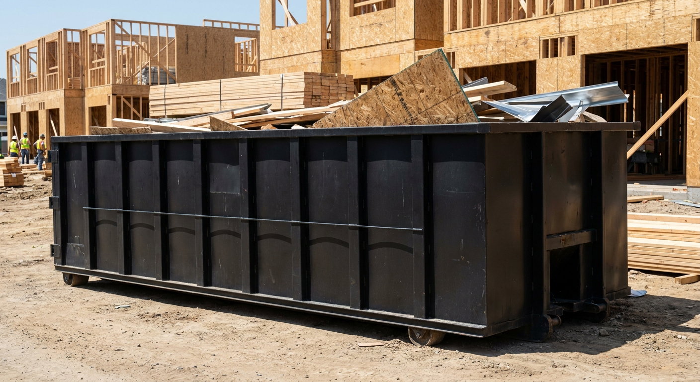 Matte-black 40-yard roll-off construction dumpster being lowered from a white-cab hooklift delivery truck onto the compacted-dirt jobsite at a commercial build site in Weston