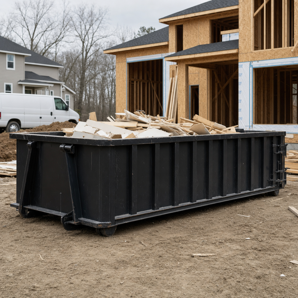 Worker in a yellow high-visibility vest tossing framing lumber and broken drywall into a matte-black 30-yard construction roll-off dumpster on an active build site in Weston, bright daylight