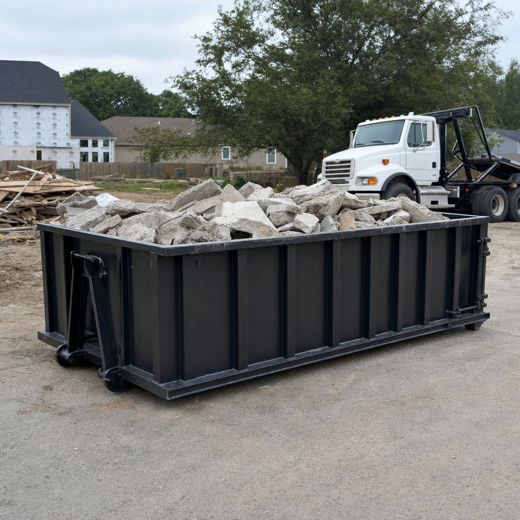Low-profile matte-black lowboy roll-off dumpster loaded with broken concrete slab and rebar at a foundation tear-out in Weston, skid steer parked beside it, sunny Colorado morning