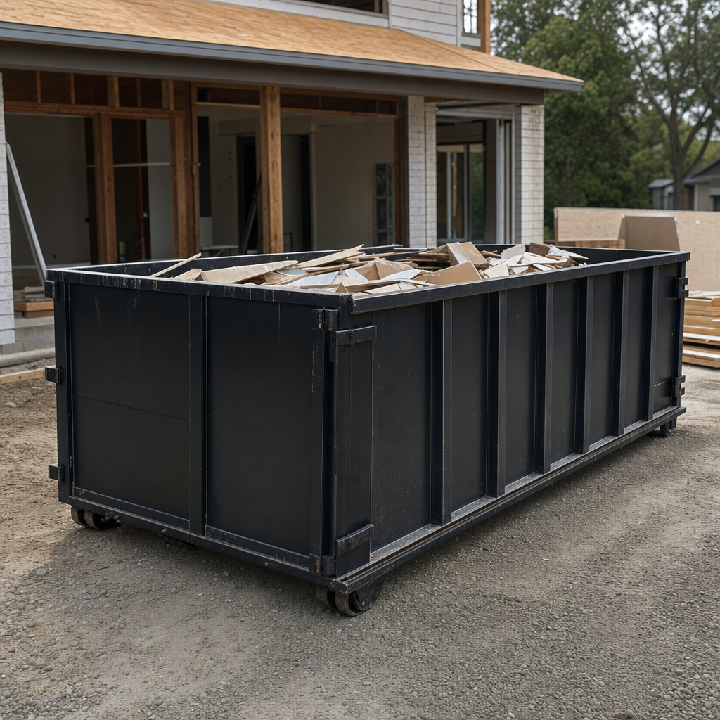 Large matte-black 30-yard construction roll-off dumpster at an active Weston jobsite, steel-gray top rails and bottom rollers visible, loaded with construction debris.