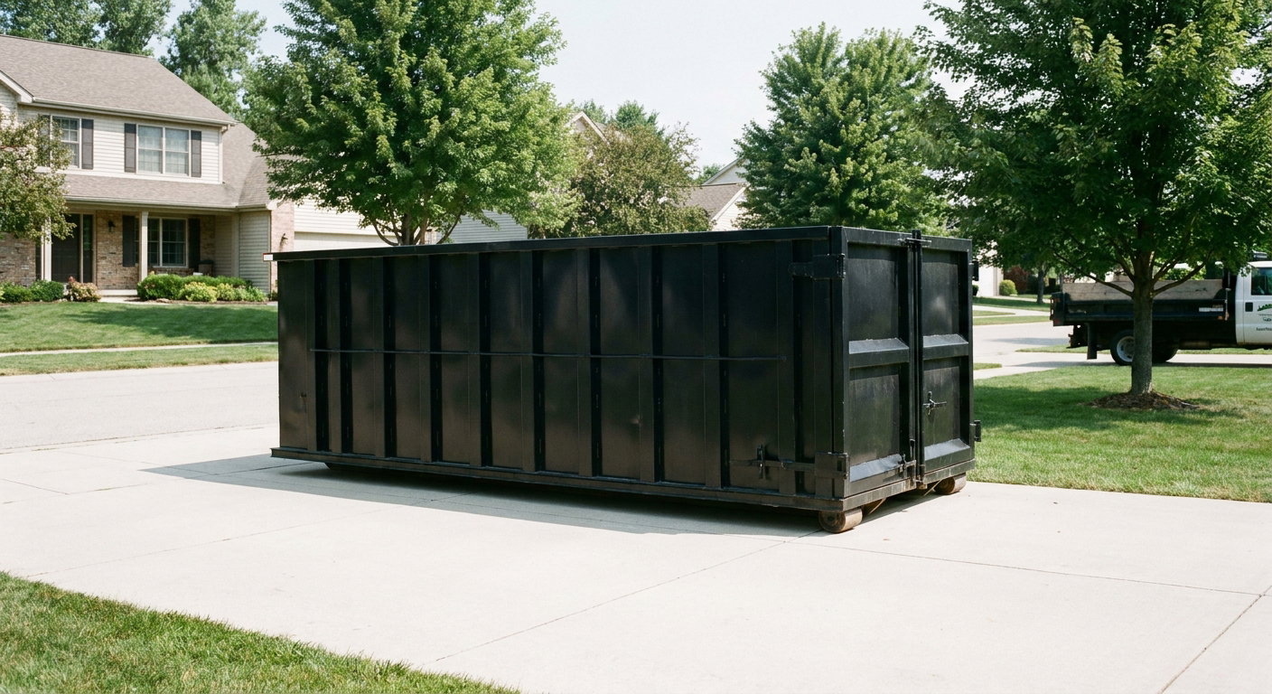 Matte-black 20-yard roll-off dumpster sitting level on a clean Weston residential concrete driveway under bright daylight, demonstrating clean placement directly on the concrete.