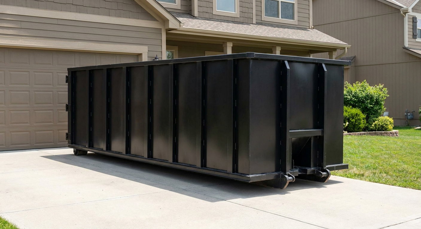 Matte-black residential roll-off dumpster sitting directly on a suburban Weston concrete driveway, garage door closed, single-family home in background, bright morning daylight.