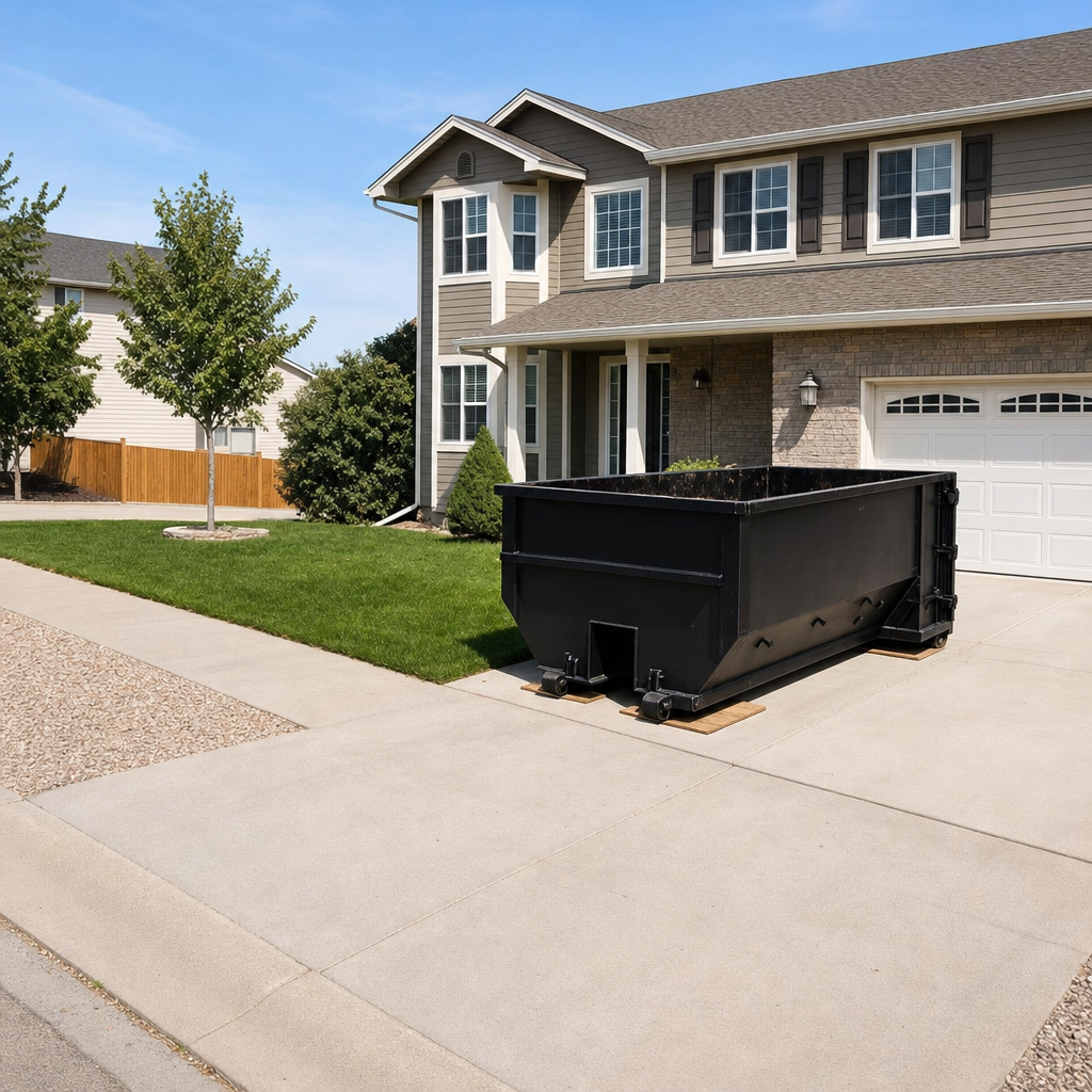 10-yard matte-black residential dumpster placed directly on a narrow Weston concrete driveway, room remains for a parked sedan beside it, mid-morning natural light