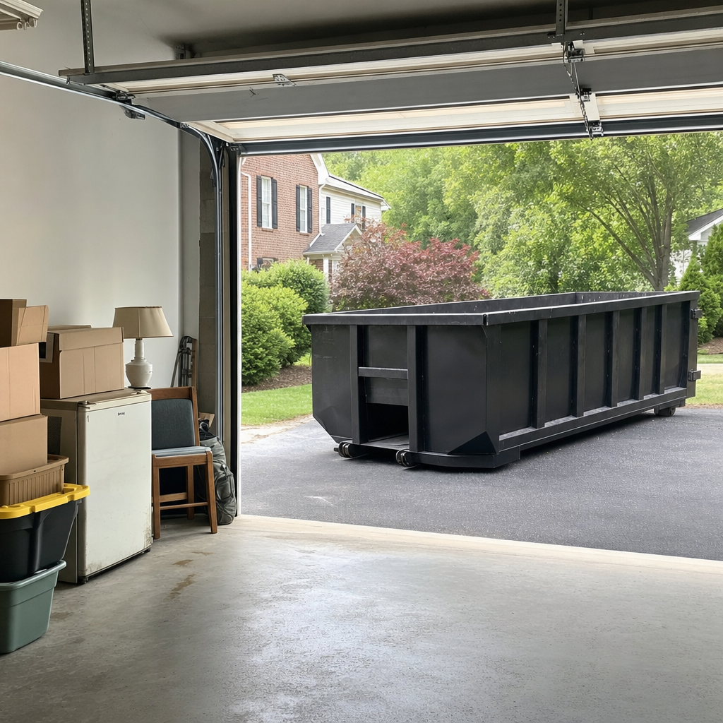 Open garage interior in a Weston home mid-cleanout — boxed items, an old appliance, and stacked yard tools queued near the driveway for a matte-black roll-off dumpster, organized and calm