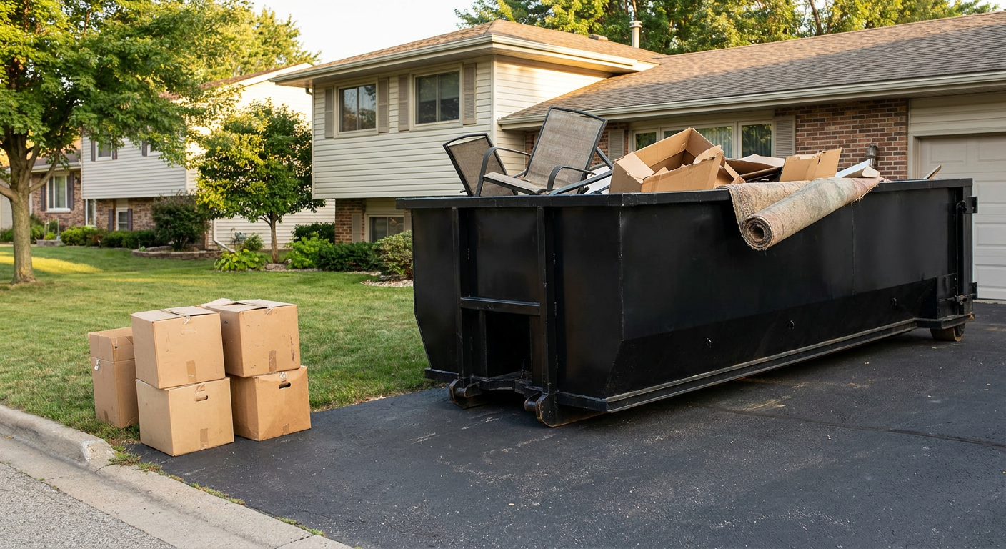 Front-yard view of a Weston split-level home with a 20-yard matte-black roll-off dumpster sitting directly on the asphalt driveway, a few clearly labeled donation boxes staged at the curb, calm sunny afternoon.