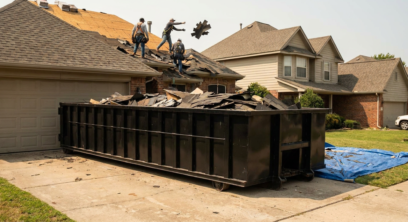 Matte-black roofing roll-off dumpster placed directly on a Weston residential concrete driveway, a tear-off crew on a two-story asphalt-shingle roof tossing shingle bundles into the low-walled container, bright daylight, documentary 35mm perspective.