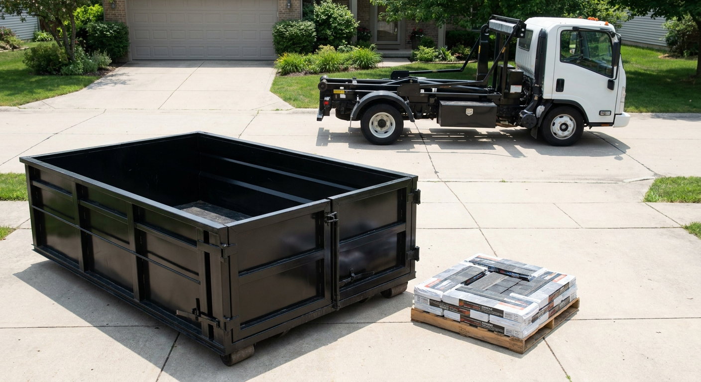 Matte-black 15-yard roofing roll-off dumpster with reinforced low side walls sitting directly on a Weston residential concrete driveway, three-tab asphalt shingle bundles stacked nearby, an unmarked white hauler truck partially visible at the edge of the frame.