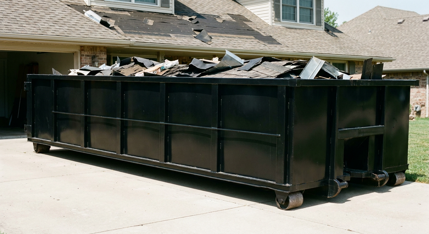 Matte-black 20-yard roofing roll-off dumpster with steel ribbed sides and swinging rear door, sitting directly on the concrete driveway of a two-story Weston home, asphalt shingle debris being loaded over the low wall, clean documentary lighting.