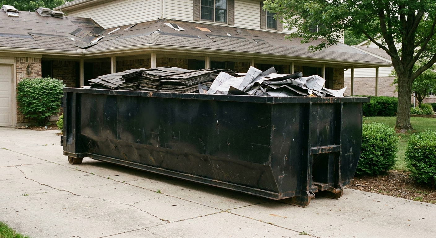Matte-black 30-yard roofing roll-off dumpster sitting directly on a Weston concrete driveway, taller ribbed steel side panels, mixed tear-off debris of asphalt shingles and underlayment inside, professional documentary daylight.
