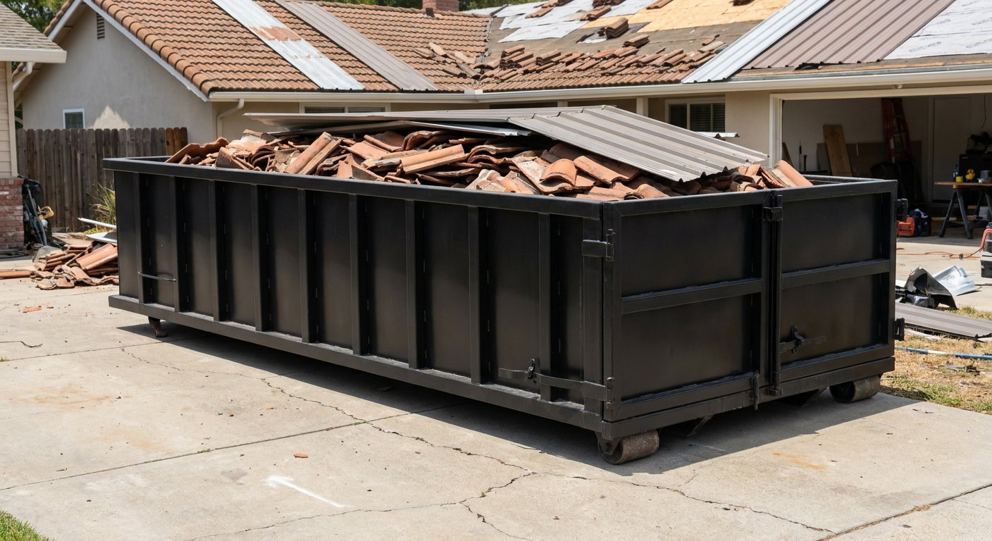 Matte-black low-wall heavy-debris roofing roll-off dumpster sitting directly on a Weston concrete driveway, broken concrete clay roof tiles and metal panel sections loaded inside, reinforced ribbed steel side walls visible, bright outdoor daylight.