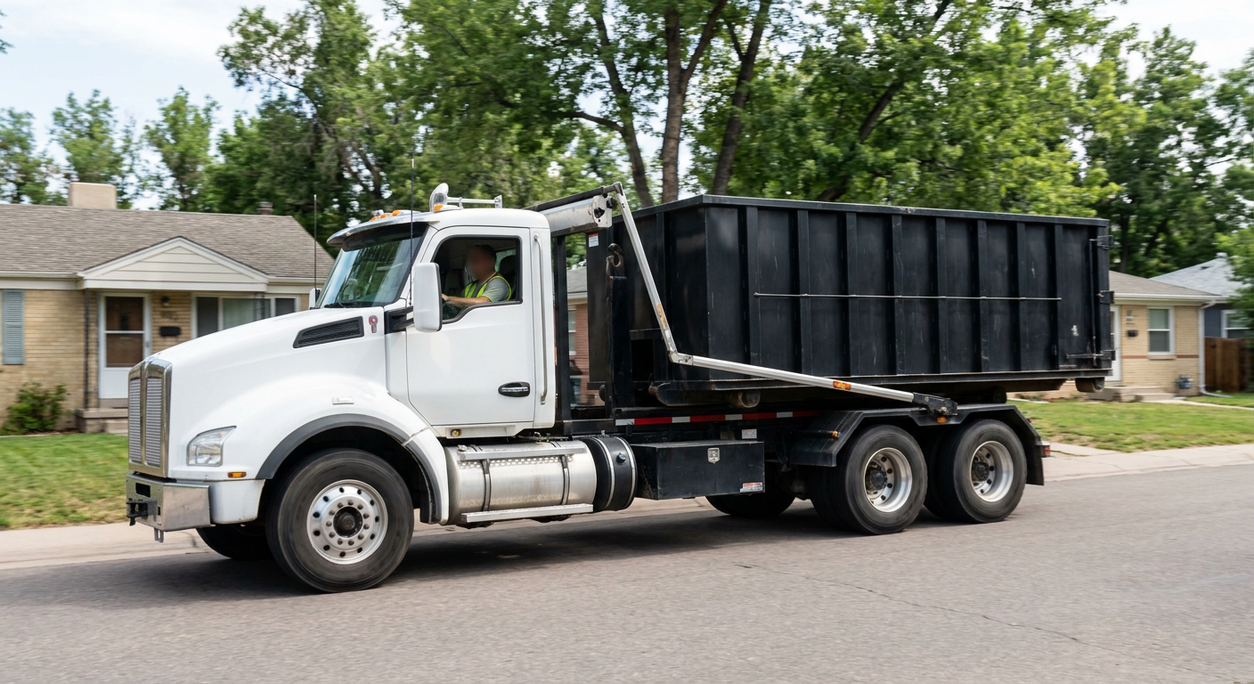 A wide documentary shot of a matte-black roll-off delivery truck pulling onto a quiet Weston residential street at mid-morning, with neighborhood rooftops and tree-lined blocks visible behind, showing the metro coverage footprint.