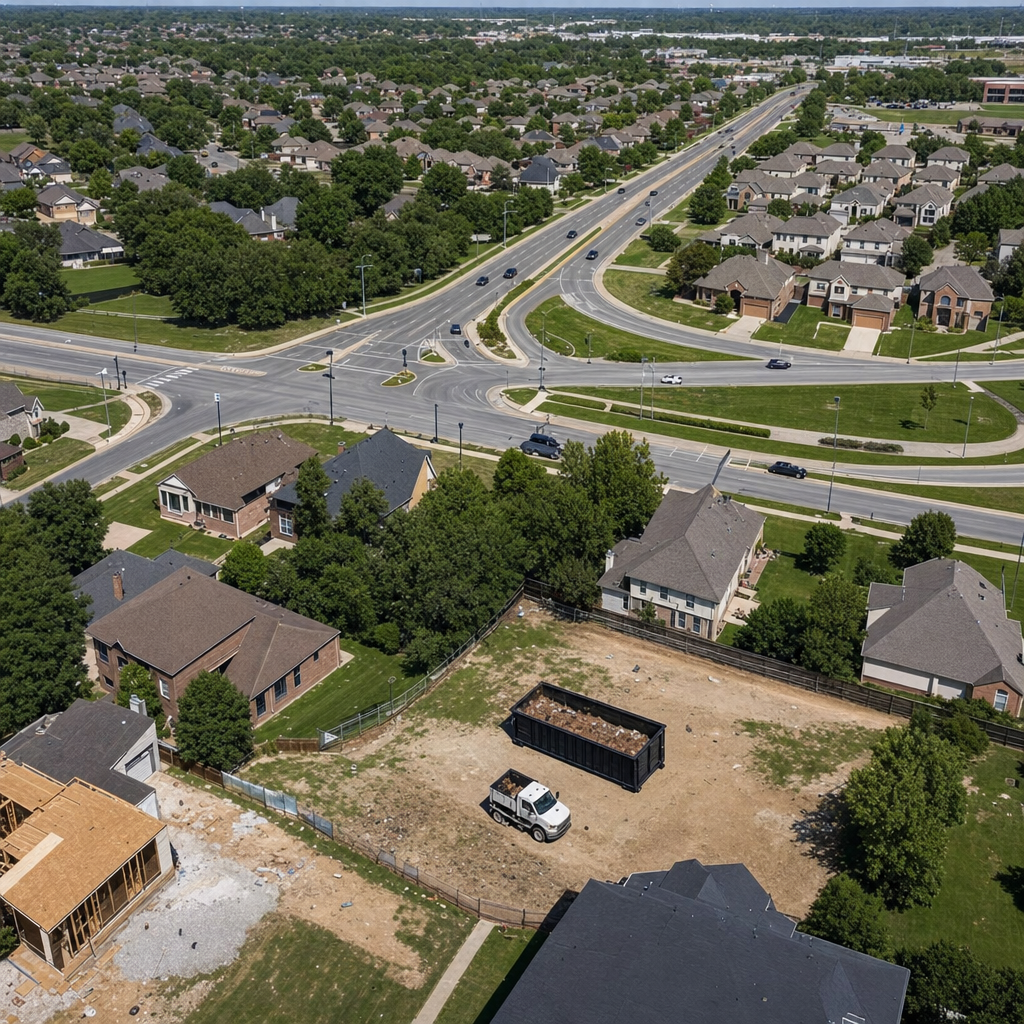 An overhead documentary view of the Weston metro area at midday, showing the spread of neighborhoods, arterial roads, and the dispatch radius from a central yard — clean daylight, organized geographic layout.