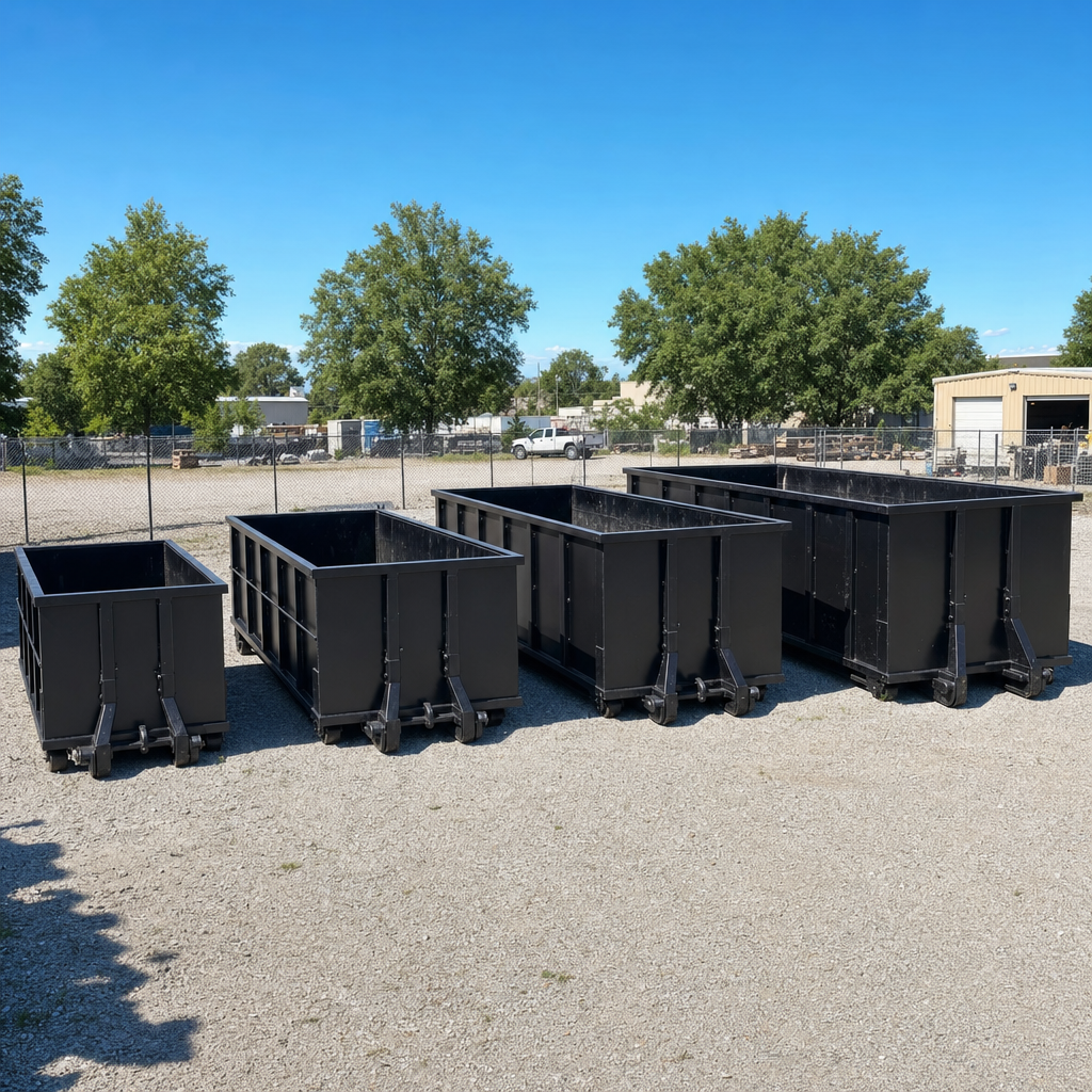 A clean lineup of matte-black roll-off dumpsters in 10, 20, 30, and 40-yard sizes staged on a sunlit gravel yard in Weston, showing the size progression from compact to commercial-scale containers.