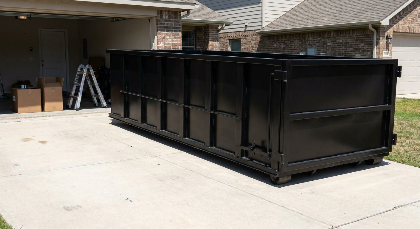 A matte-black 10-yard roll-off dumpster sitting directly on a residential Weston concrete driveway, mid-day sunlight, clean and ready for a garage cleanout.