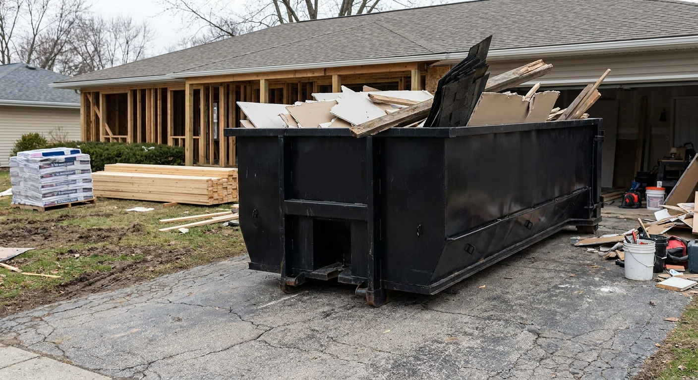 A matte-black 20-yard roll-off dumpster placed alongside a mid-renovation Weston home directly on the asphalt driveway, with framing materials and torn-off shingles staged neatly nearby.