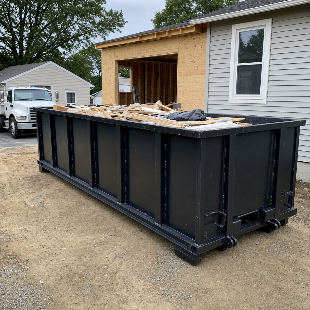 A matte-black 30-yard roll-off dumpster positioned at a Weston residential addition jobsite, with framing lumber and drywall scraps loaded through the open swinging rear doors.