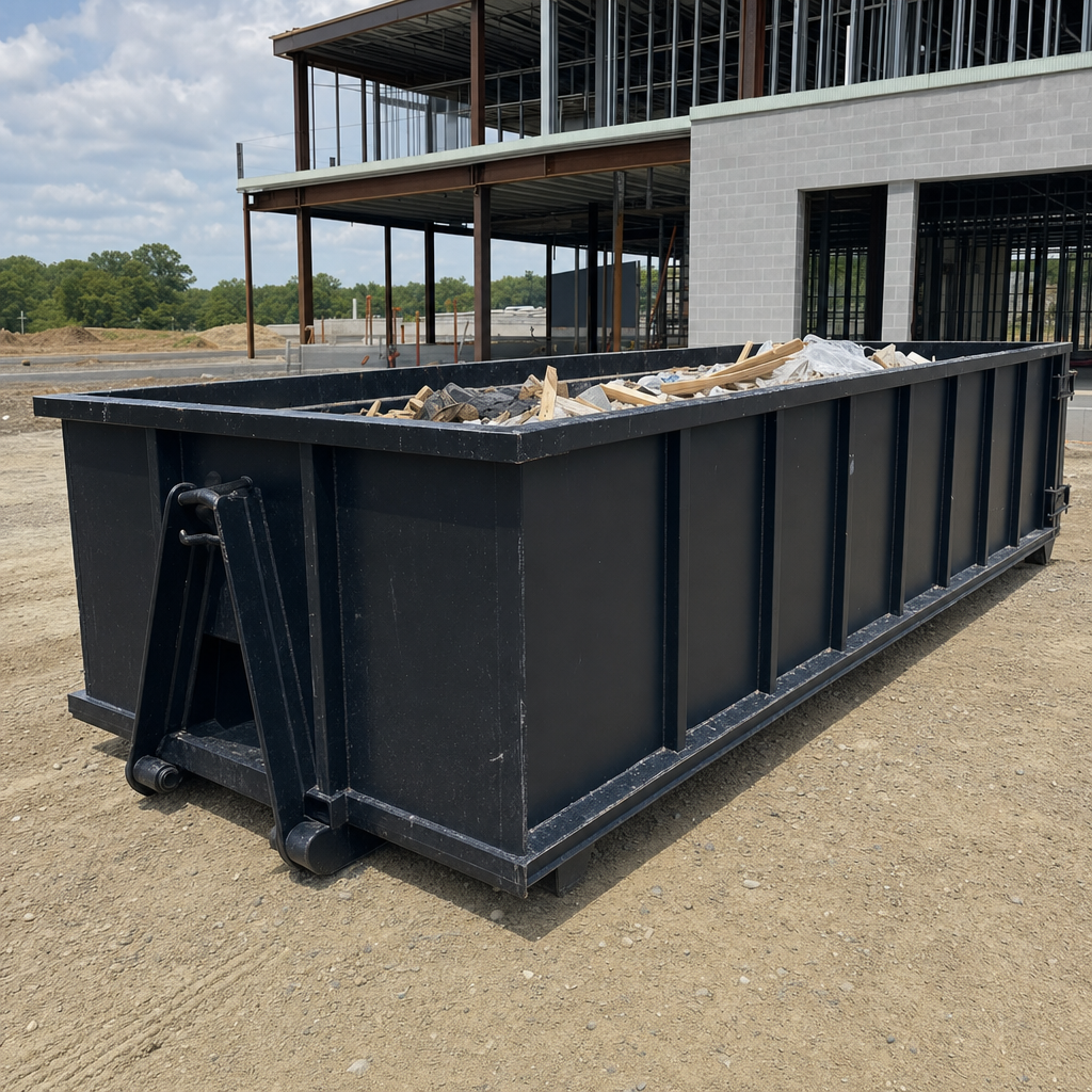 A matte-black 40-yard roll-off dumpster staged on a large Weston commercial construction lot, with a hooklift delivery truck parked alongside under bright midday sky.