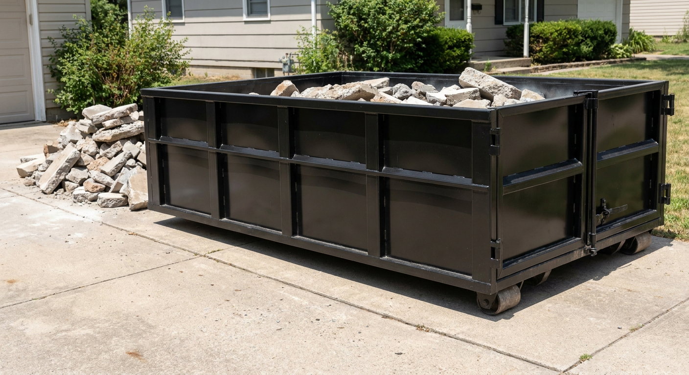 A matte-black low-side heavy-debris roll-off dumpster placed directly on a Weston concrete driveway, with broken concrete chunks neatly stacked beside it under clean daylight.